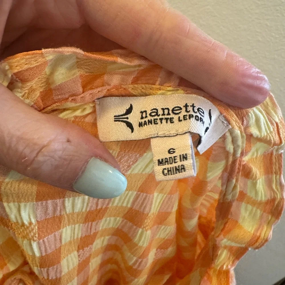 Nanette Lepore Orange Gingham Dress Puff Sleeve A Line Tiered Size 6 - Picture 5 of 9